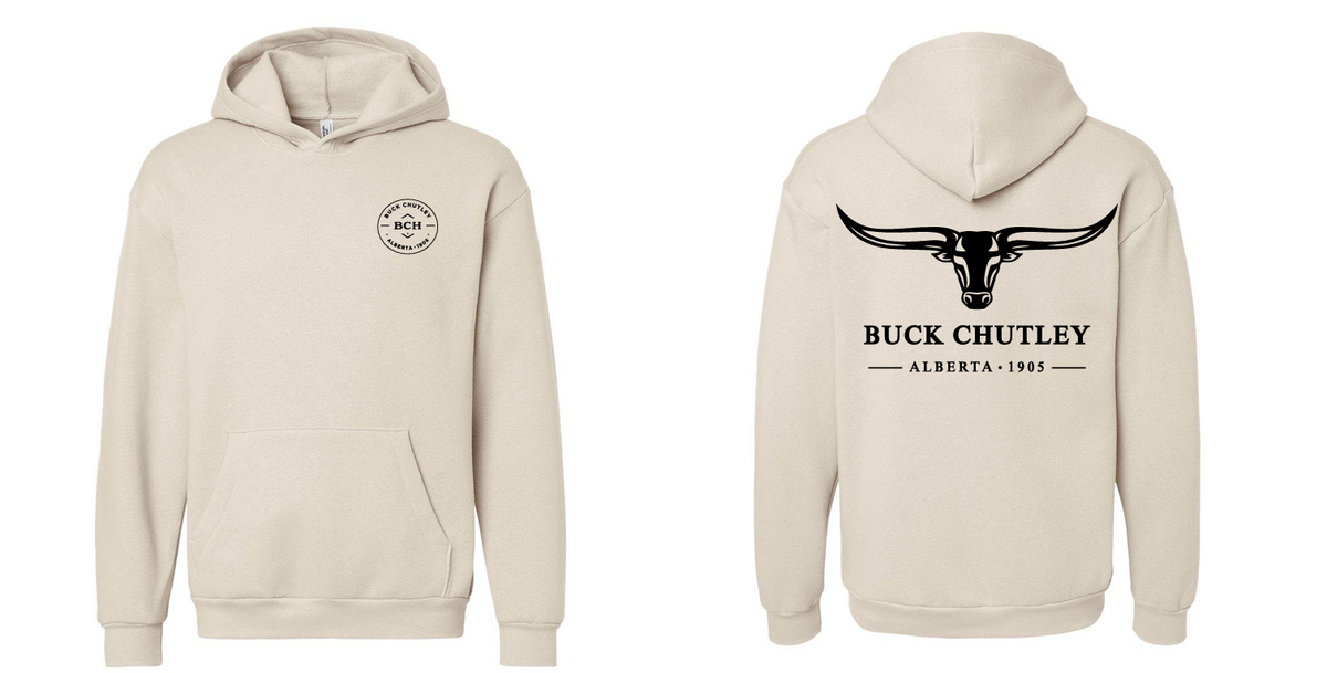 Beige hoodie with front and back designs on a white background